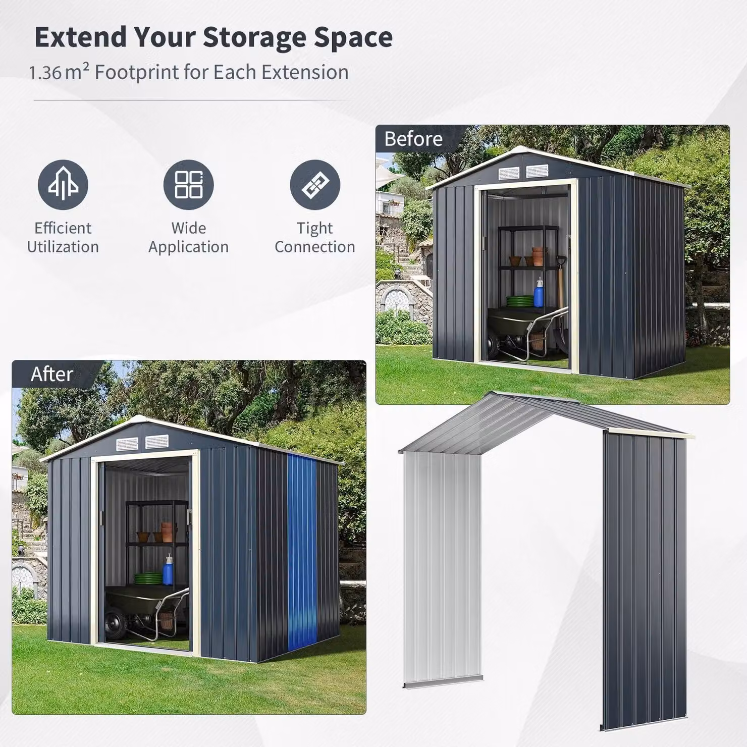 Costway Outdoor Storage Shed Extension Kit in Grey for 195 cm Shed Width – 5