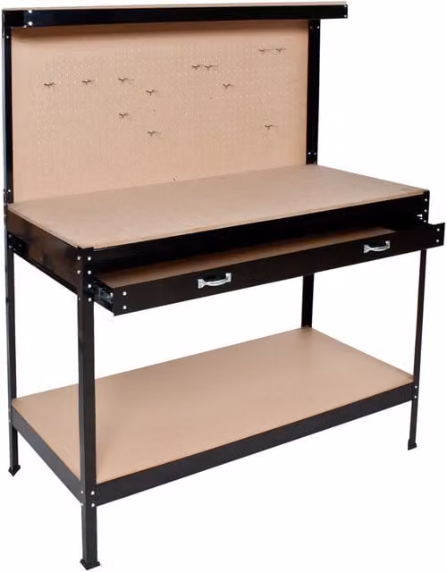 Tectake Workbench with Pegboard, 2 Shelves, 1 Drawer and 12 Hooks, Black, Width: 60 cm