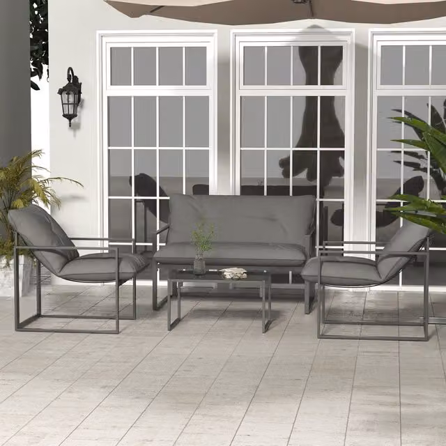 Outsunny Modern Grey Garden Sofa Set with Armchairs, Loveseat and Glass Coffee Table