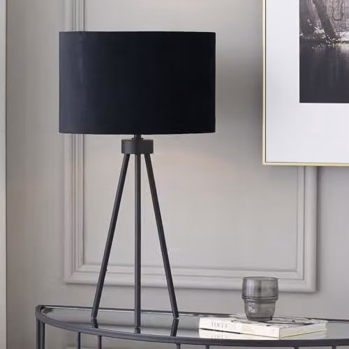 Pacific Lifestyle Art Deco Tripod Table Lamp with Black Velvet Cylinder Lampshade – 1