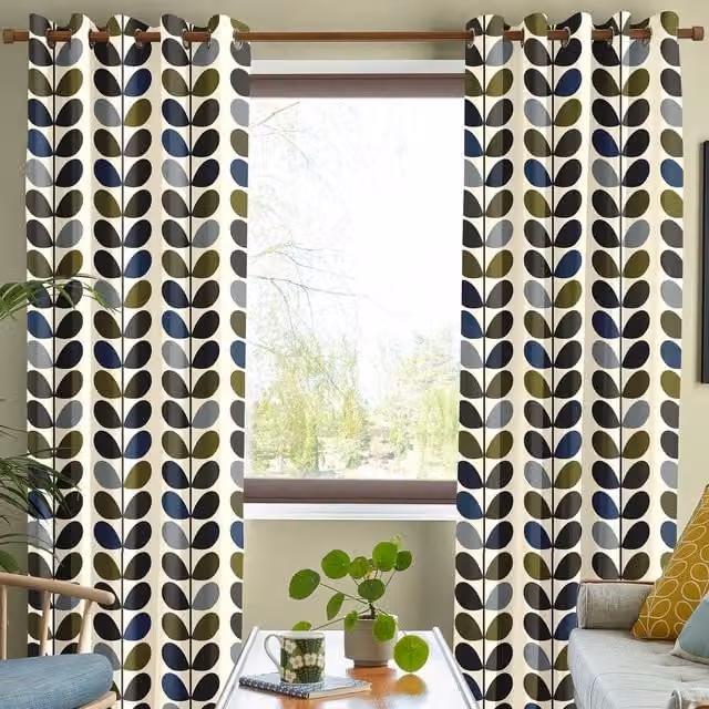 Orla Kiely Multi Stem Made to Measure Blackout Cotton Eyelet Curtains in Moss Green and Multicolour