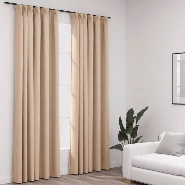 Berkfield Home Linen-Look Blackout Curtains with Hooks, 2 Pack, Beige, W: 140 cm, H: 225 cm – 1