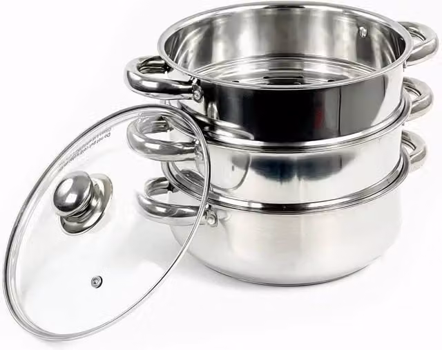 Pawnora 3 Tier Stainless Steel Steam Cooker in Silver, 28 cm