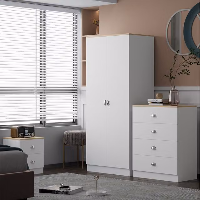 FWStyle 2 Door Matt White Wardrobe with Light Oak Top