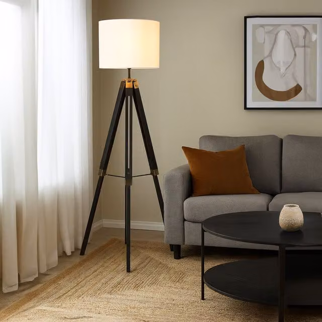 Orsina Modern Tripod Floor Lamp with Cylindrical Fabric Shade and Height Adjustable Wood and Metal Base in Black or White, H 150 cm x W 62 cm x D 62 cm – 2