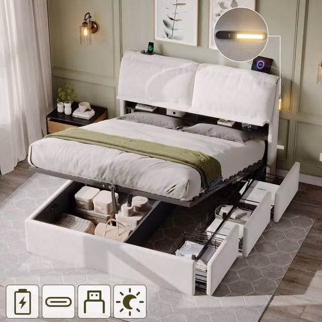 Rolipo King Size Velvet Ottoman Bed with Storage, USB Ports and LED Lighting in Cream