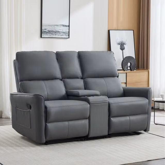 More4Homes Madrid 2 Seater Manual Air Leather Recliner Sofa with Home Cinema Console and Cup Holders, Grey, W: 161 cm, D: 102 cm, H: 95 cm