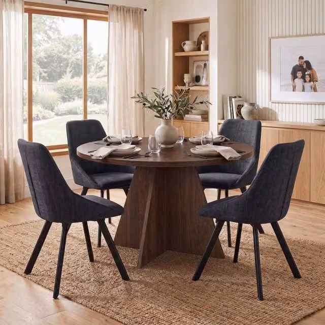 FWStyle Erin Round Walnut and Oak Dining Table with 4 Black Swivel Chairs Set in Brown – 1