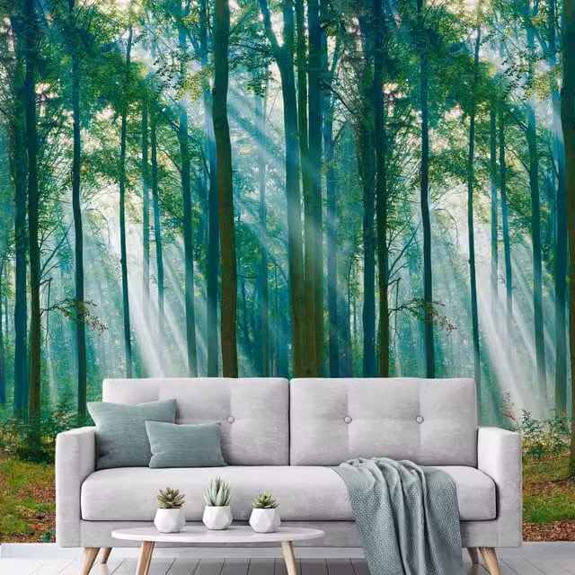 Grandeco Biophilic Photographic Sunlight Through Trees Mural, Green, W: 280 cm, H: 159 cm