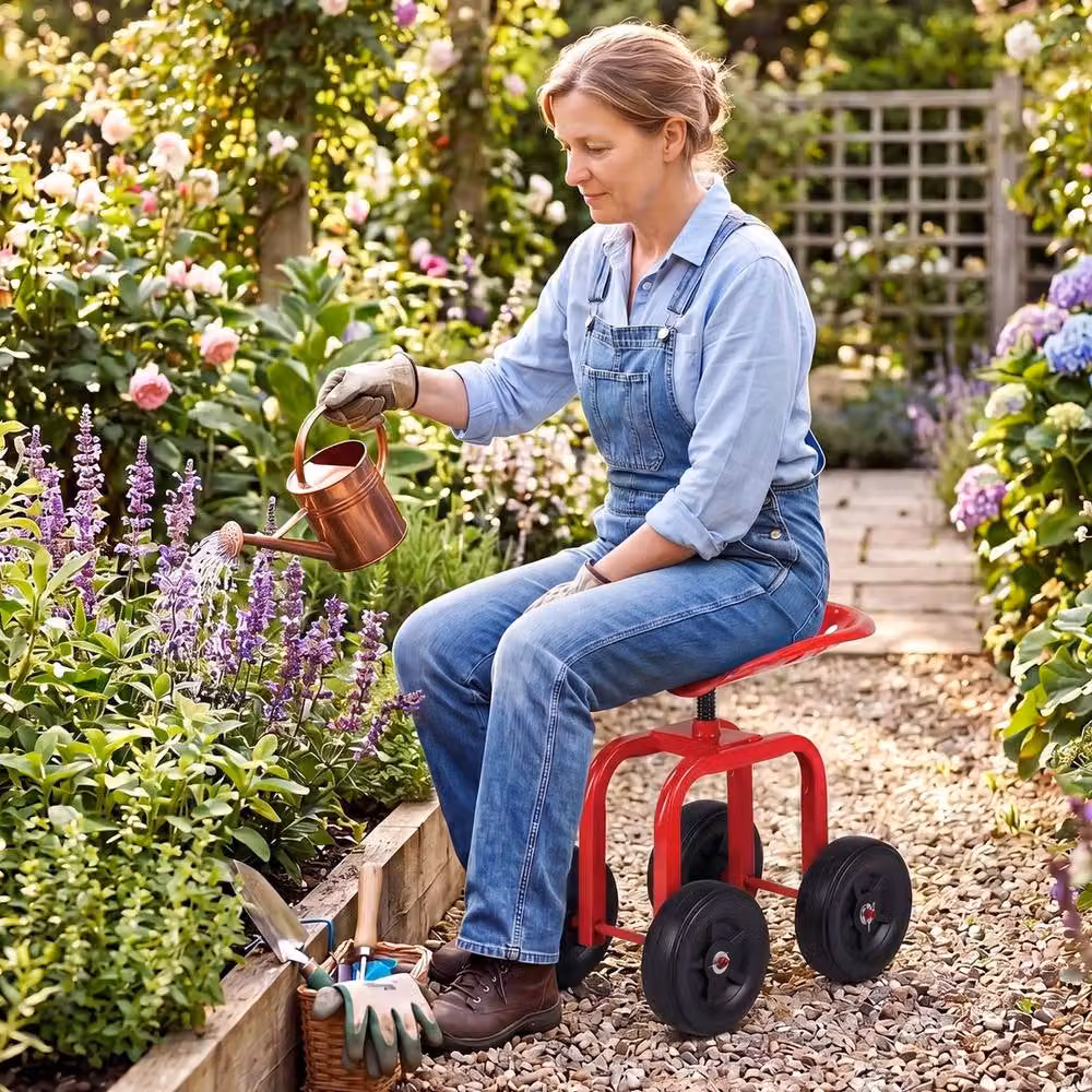 NESTLUNE Red Metal Gardening Stool Swivel Work Seat and Patio Scooter – 6