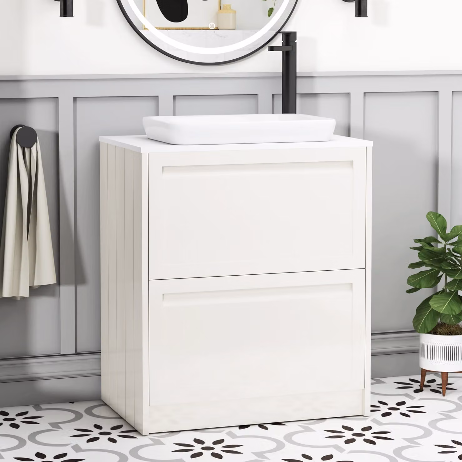 Royal Bathrooms Elmore Classic White Floor Standing 2 Drawer Vanity Unit with Qubix Basin, Width: 70 cm