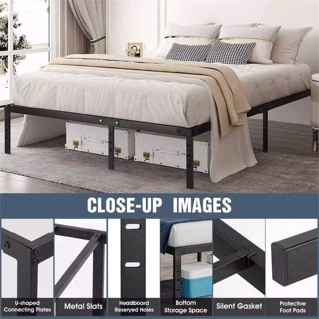 Nordara Metal Bed Frame with Storage in Black, W/D/H: 140 x 200 x 135 cm