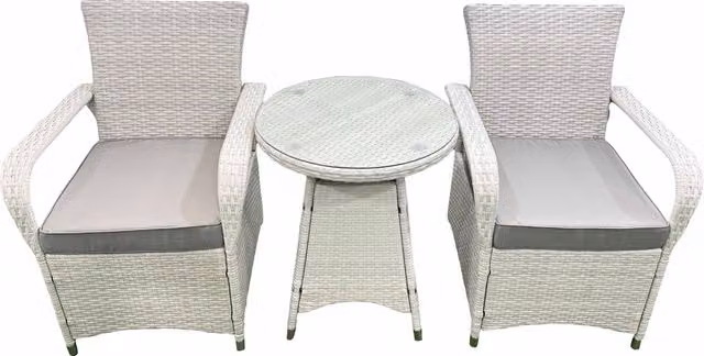 Fimous Rattan Garden Furniture Set with 2 Chairs and Small Round Glass Table in Light Grey