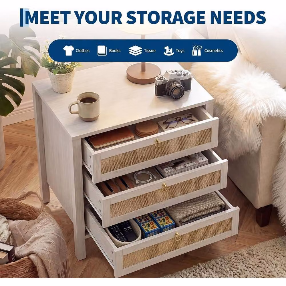 Nordara White Rattan 3-Drawer Nightstand with Gold Handles – 3
