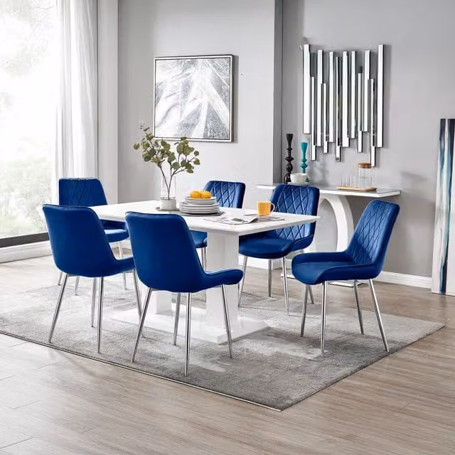 FurnitureboxUK Imperia 6-Person White Glossy Rectangular Dining Table and 6 Navy Pesaro Chairs with Silver Legs