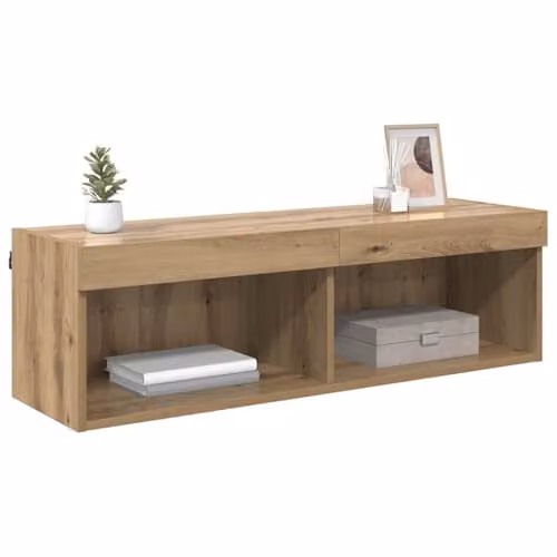 vidaXL Wall-Mounted TV Cabinet in Oak with Integrated Lighting and Internal Shelves, W/D/H: 100 x 30 x 30 cm