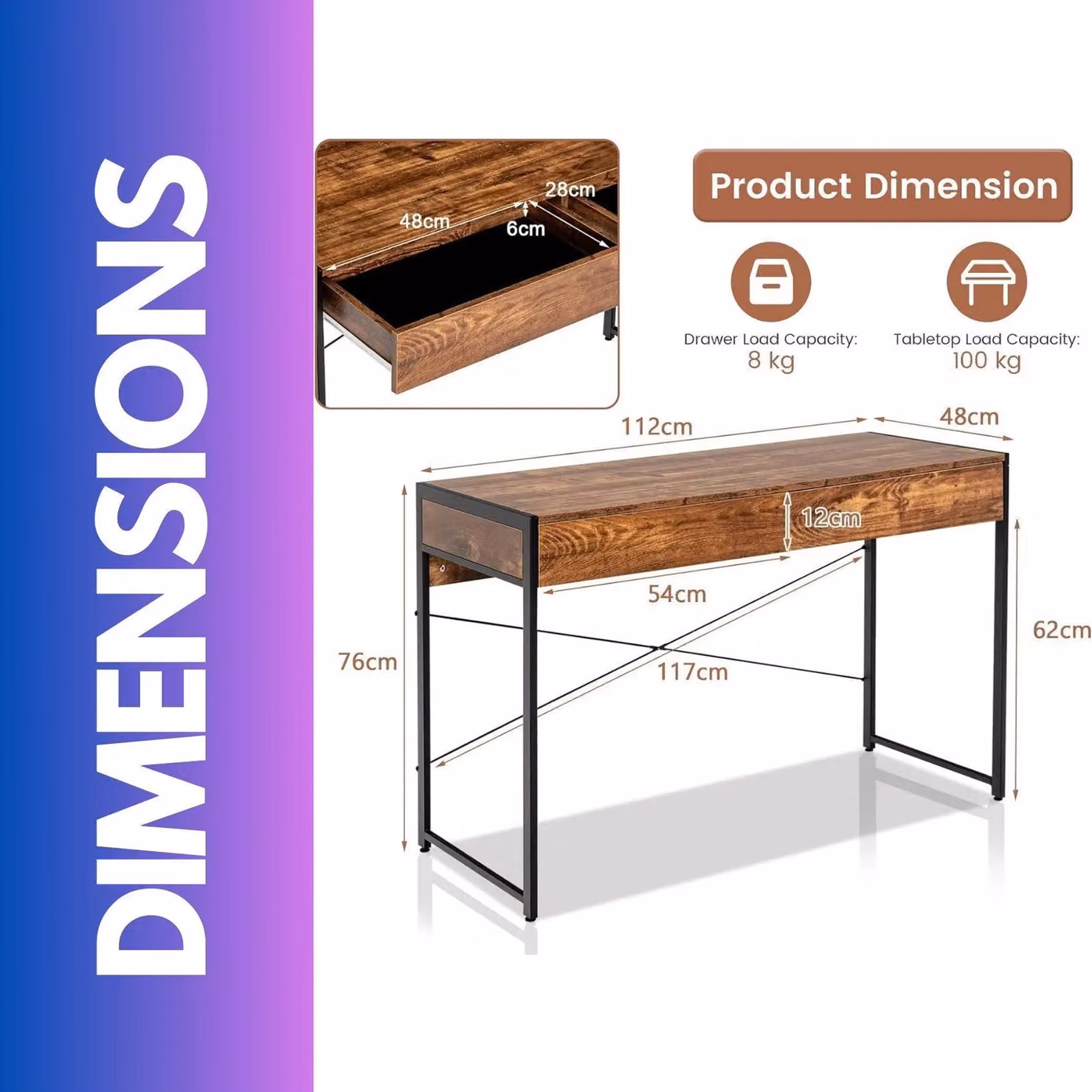 FURNOS Industrial Writing Desk with 2 Drawers, Brown, W: 112 cm, D: 48 cm, H: 76 cm – 2