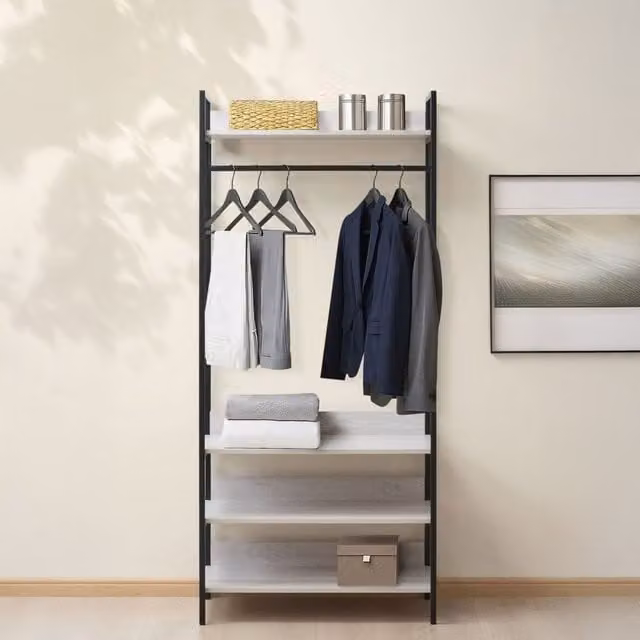 Swish Furniture Alva Open Wardrobe with Hanging Rod and Internal Shelves in White Oak and Black