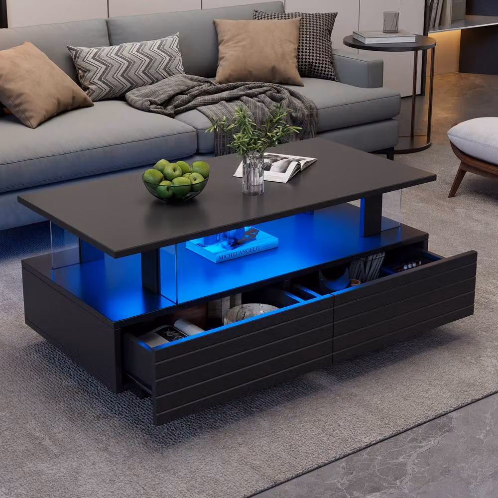 STILVORA Modern Black Coffee Table with LED, 2 Drawers and Open Storage – 1