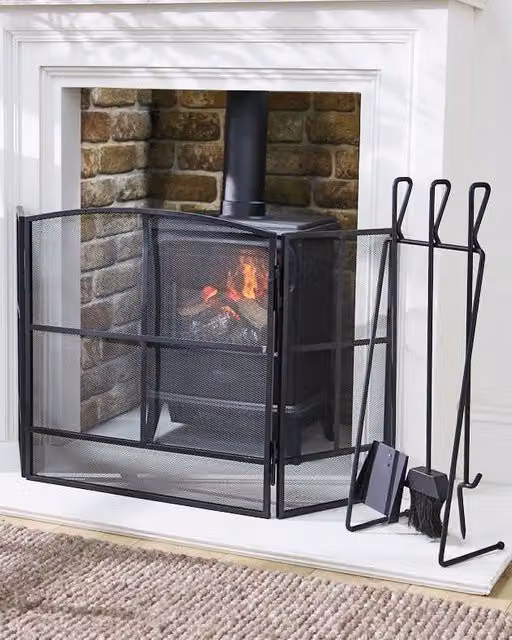 Dibor Contemporary Black Fireside 4pc Freestanding Companion Set with Fire Screen Guard