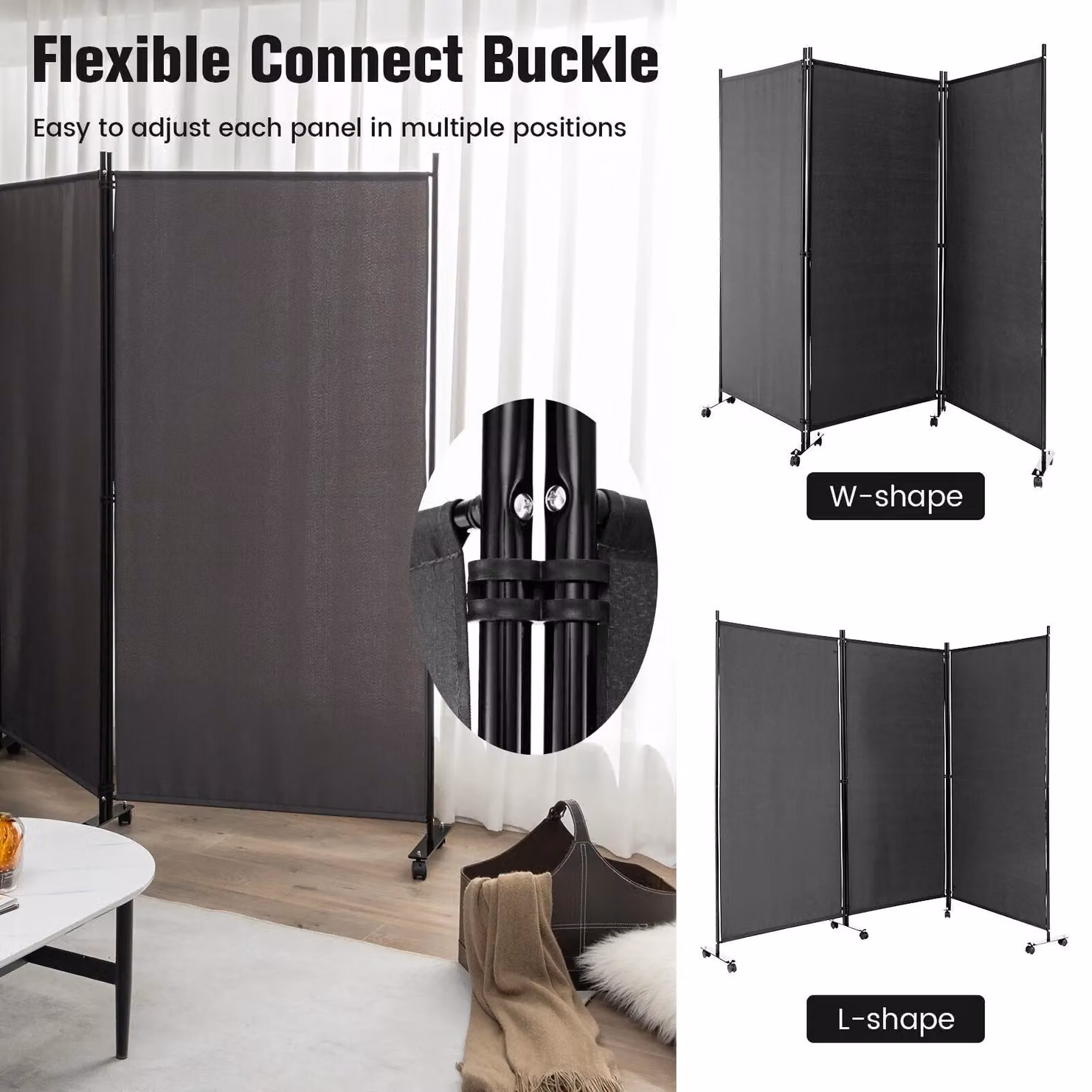 Costway 3 Panel Rolling Room Divider Privacy Screen in Grey – 4