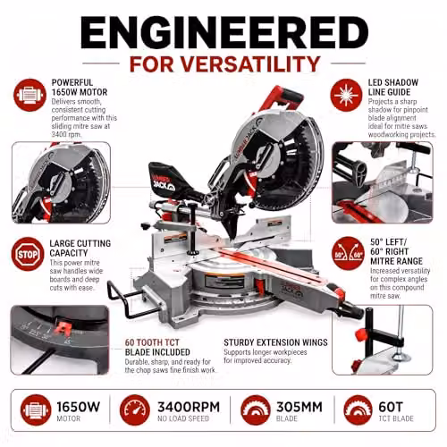 Lumberjack 12 Inch Double Bevel Mitre Saw with LED Shadow Light in Red W/D/H: 1000 x 760 x 340 mm – 3