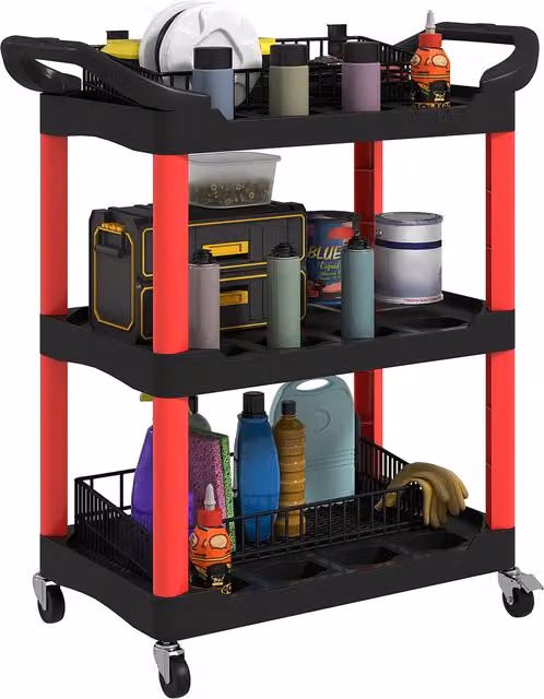 HOMCOM 3-Tier Rolling Tool Trolley on Wheels, Black