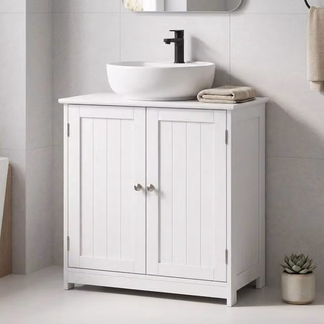 STILVORA White Under-Sink Bathroom Storage Cabinet with Adjustable Internal Shelves and Hinged Doors