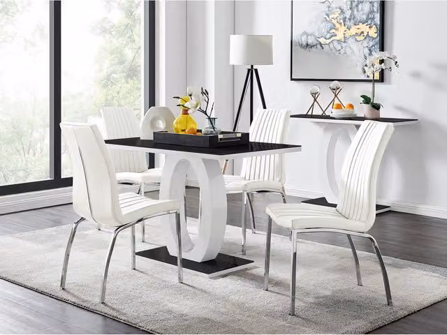 FurnitureboxUK Giovani Black Dining Table with Four White Isco Chairs and Glass Top