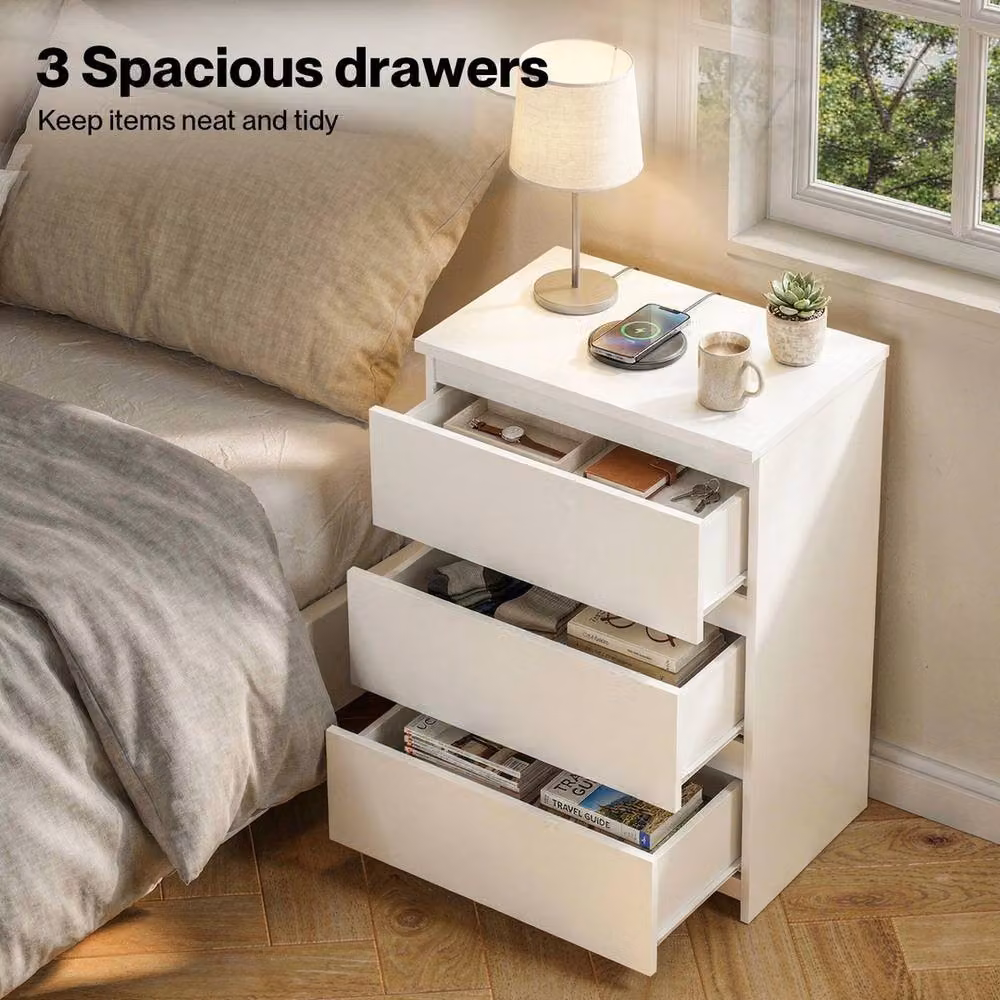 FORGEVIO Modern White Bedside Table with 3 Drawers – 3