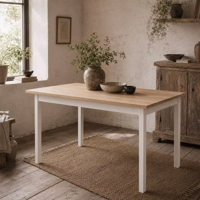 Wyld Haus Sasoroma 4 Seater Farmhouse Dining Table in Natural White, W/D/H: 120 x 75 x 75 cm – 1