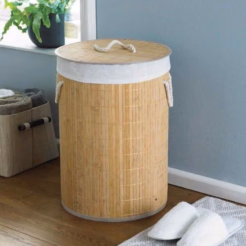 HomeSpace Direct Round Bamboo Laundry Hamper with Lid, Beige and Brown, W/D/H: 35 x 35 x 50 cm – 1