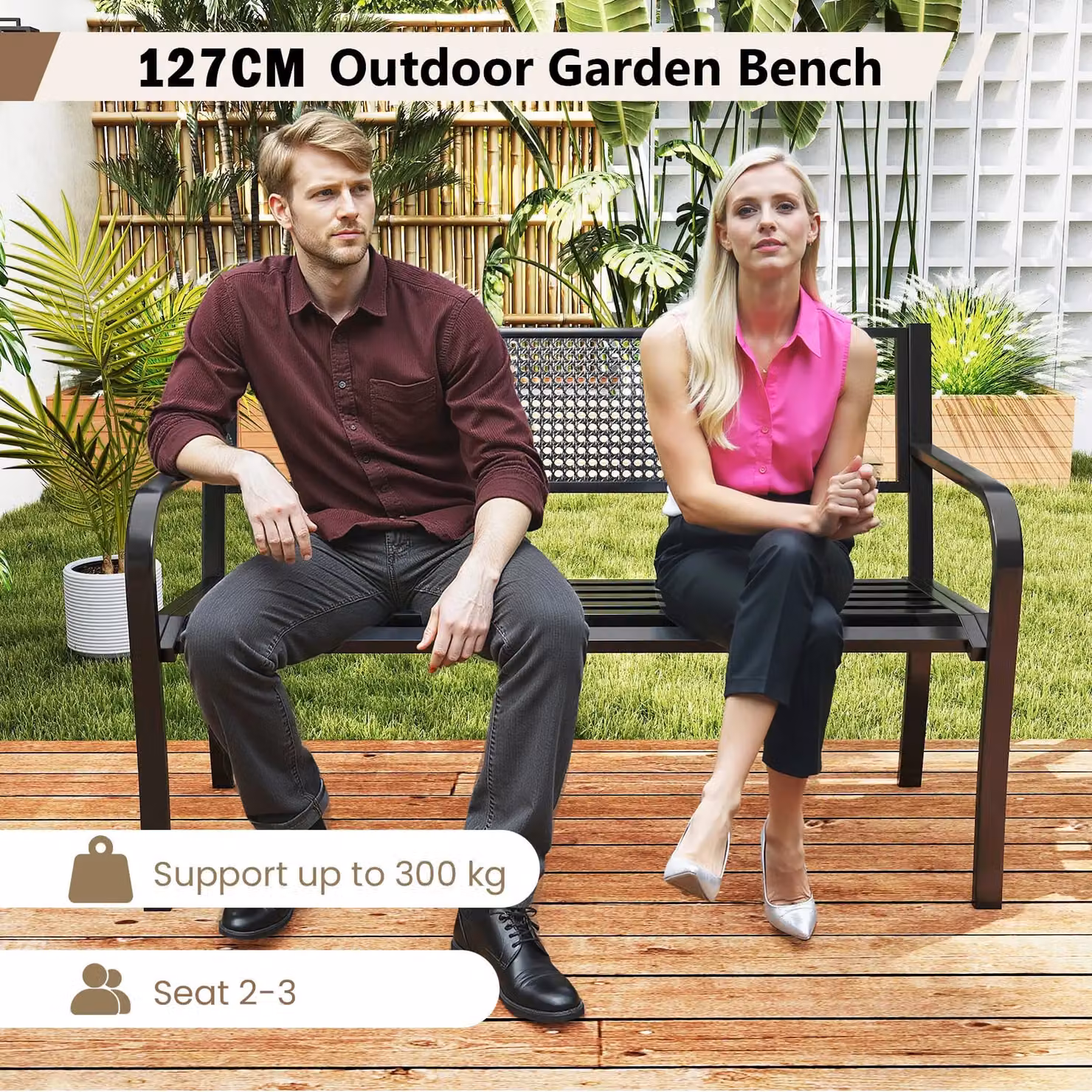 Gymax Black Metal Garden Bench with Geometric Patterned Backrest and Armrests, Width: 127 cm – 5