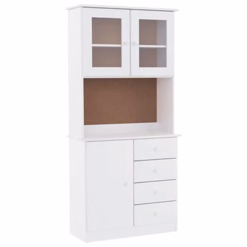 vidaXL ALTA Highboard in White Lacquered Solid Pine with Glass Doors, W/D/H: 77 x 35 x 165 cm
