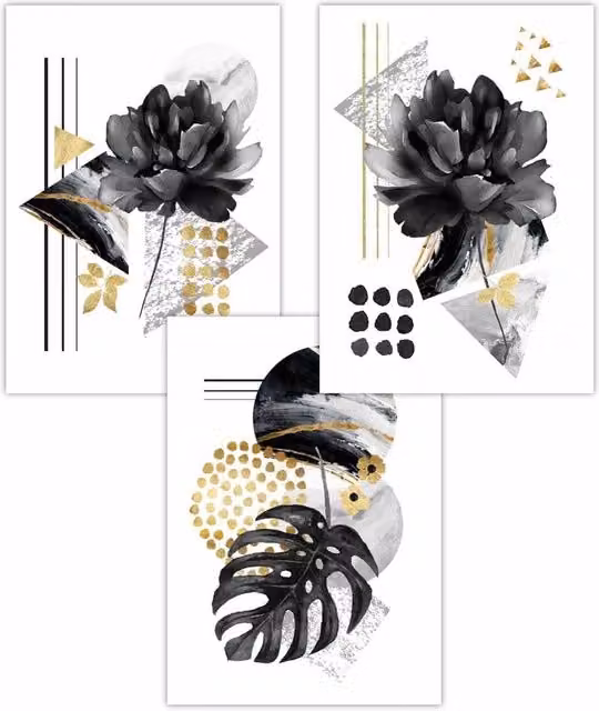 ARTZE Set of 3 Abstract Botanical Art Paper Posters in Black, Grey and Gold, W: 50 cm, H: 70 cm