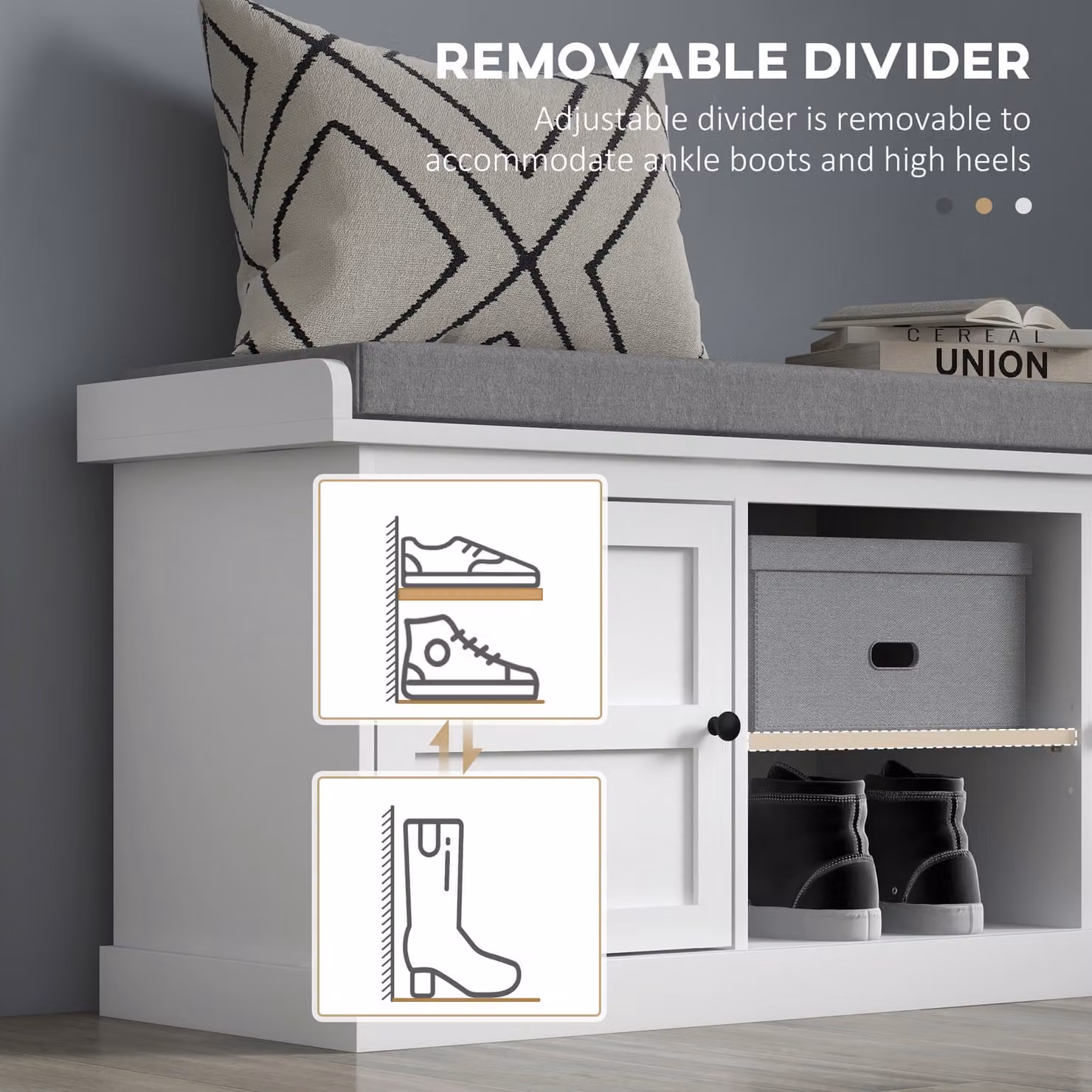 HOMCOM White Shoe Storage Bench with Fabric Cushion, 2 Cabinets and Adjustable Shelf for Hallway, Living Room or Bedroom – 4