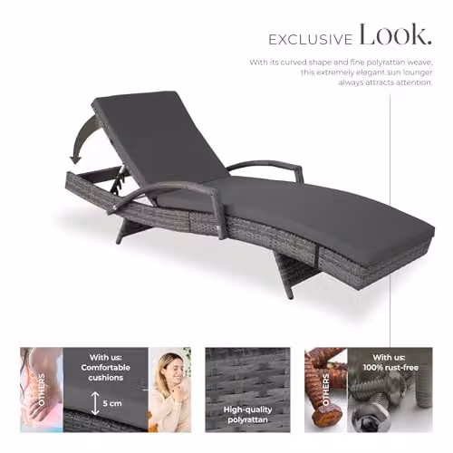 tectake Grey Rattan Sun Lounger with 5-Position Adjustable Backrest and Aluminium Frame – 5