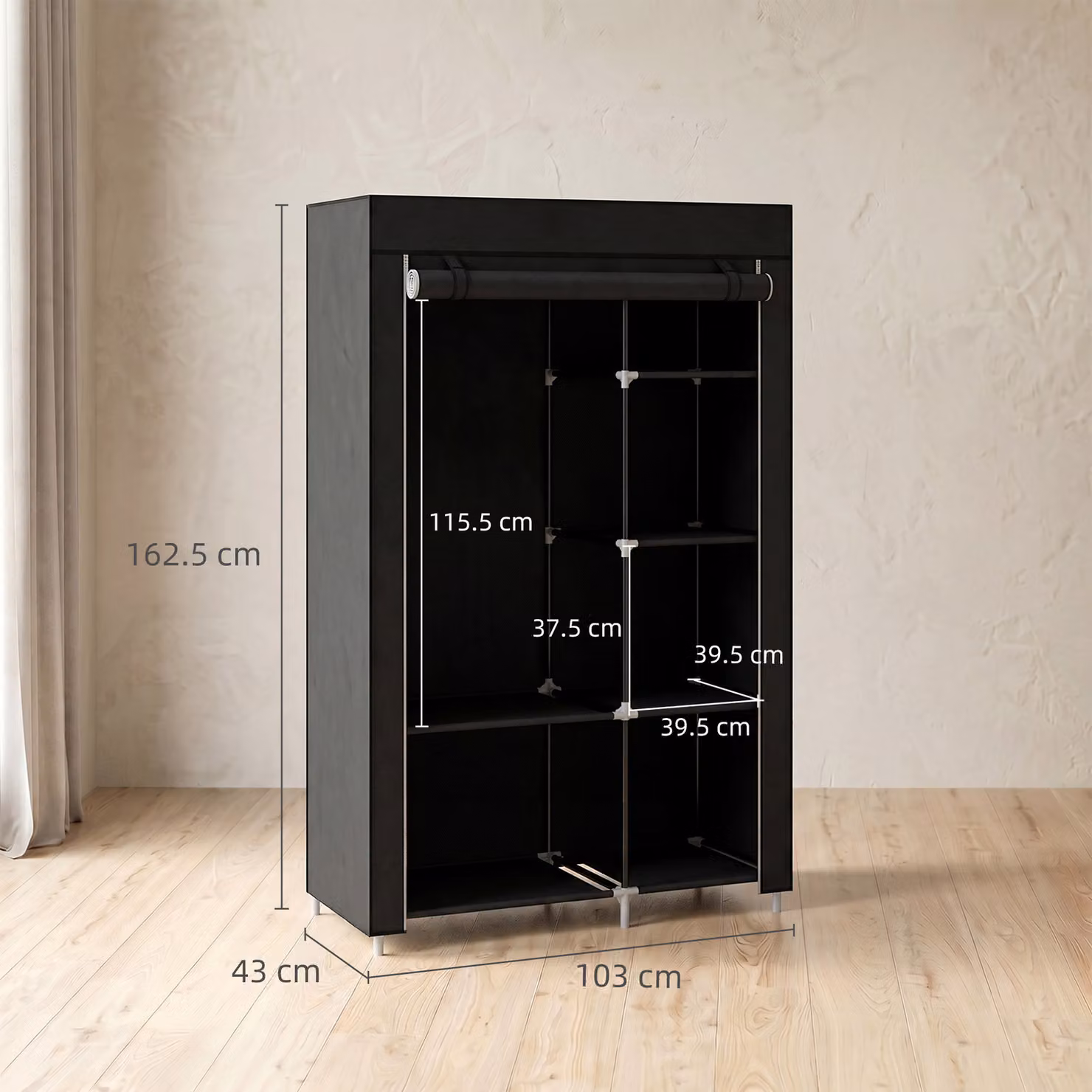 HOMCOM Black Fabric Wardrobe with Internal Shelves and Hanging Rail, W/D/H: 103 x 43 x 162.5 cm – 3