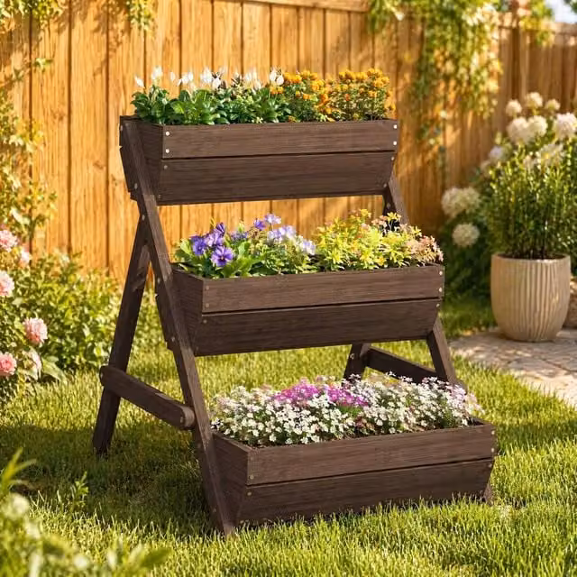 STILVORA 3 Tier Wooden Raised Garden Bed with Water Holes in Brown, W/D/H: 76 x 65 x 23 cm