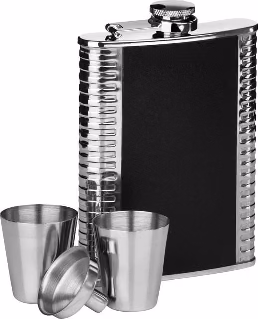 Orsina Ribbed Stainless Steel Hip Flask Set in Black with Shot Glasses and Funnel