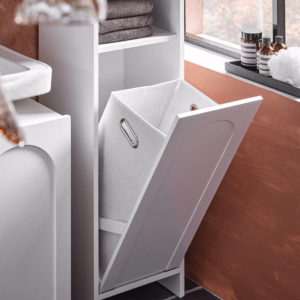 SoBuy Slim White Bathroom Cabinet with Hinged Doors and Pull-Out Laundry Bag – 3