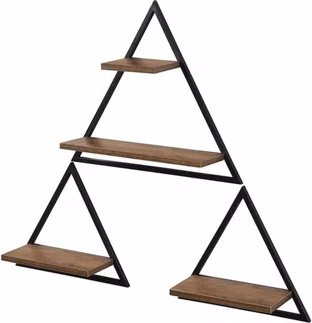 Kelvenix Set of 3 Triangle Floating Wall Mounted Shelves in Brown and Black MDF and Metal – 1