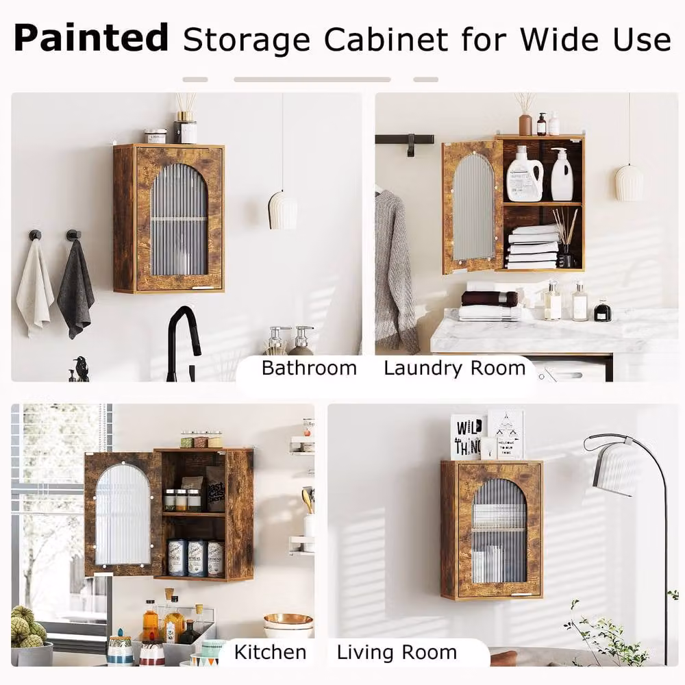 Costway Brown Wooden Wall Mounted Bathroom Medicine Cabinet with Glass Doors and Adjustable Internal Shelf – 7