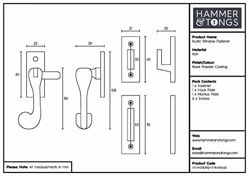 Hammer and Tongs Rustic Window Fastener, Left Handed, Matt Black Iron, Pack of 6, W: 45 mm, H: 110 mm – 5