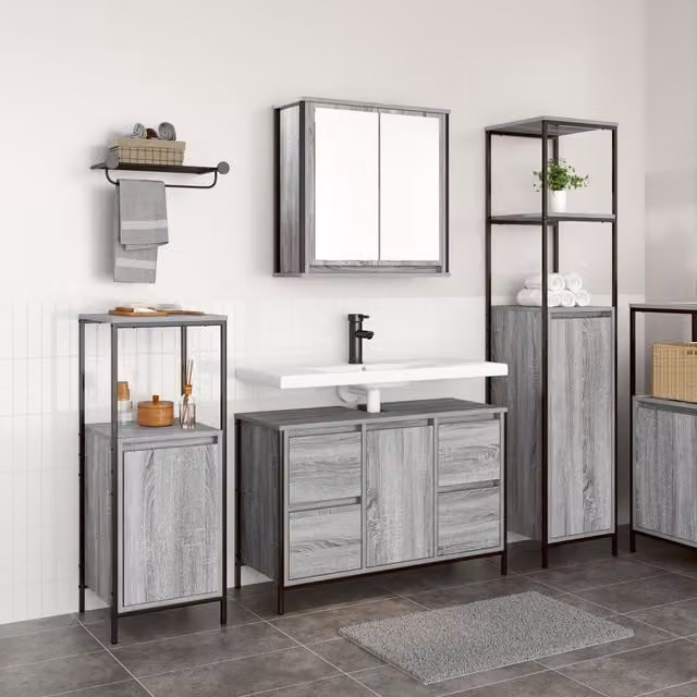 Berkfield Home 3-Piece Modern Grey Bathroom Furniture Set with Hinged Doors and Drawers – 1