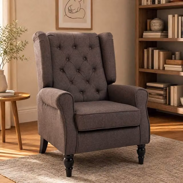 STILVORA Retro Wingback Chair with Brown Fabric Upholstery and Solid Wood Frame – 1