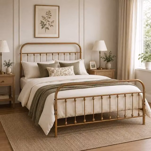 SquareBoxx Amelia Double Metal Spindle Design Bed Frame in Gold, 140 x 200 cm – 1