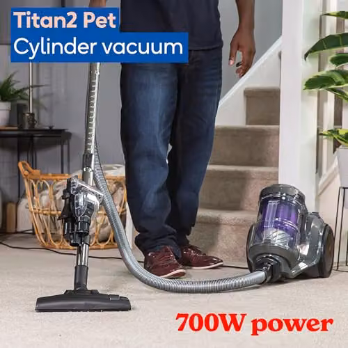 Russell Hobbs Titan2 Pet Multi-Cyclonic Bagless Cylinder Vacuum Cleaner, Grey and Purple, 700W, 3L Capacity – 3