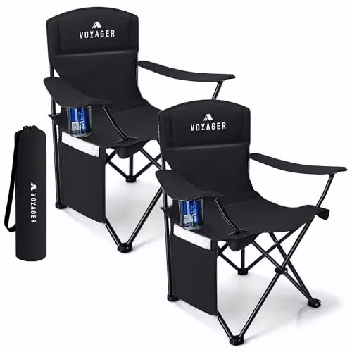 Voyager 2-Pack Lightweight Folding Camping Chairs with Cup Holders and Pockets, Black – 1