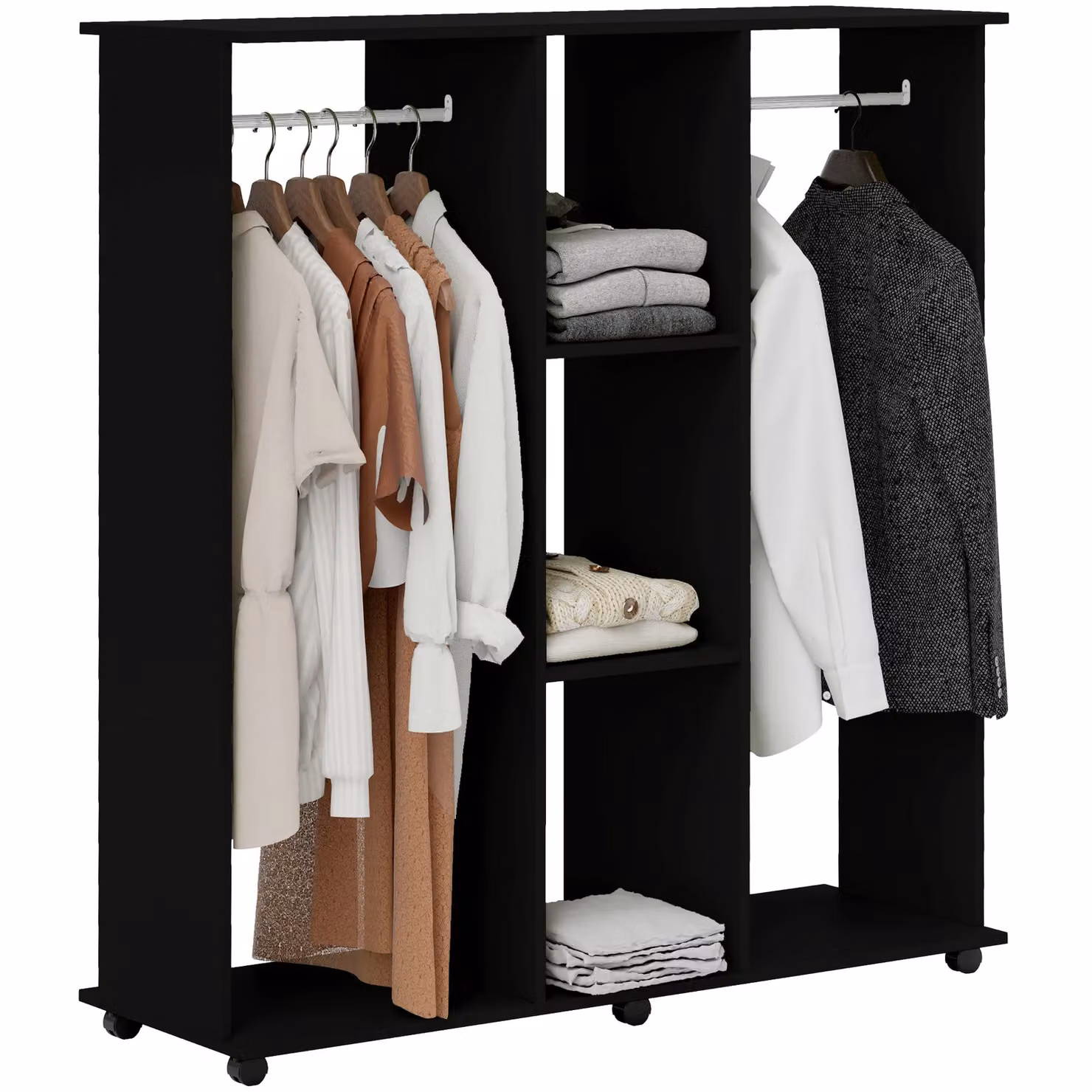 HOMCOM Double Mobile Open Wardrobe with Clothes Hanging Rail and Storage Shelves, Black – 9